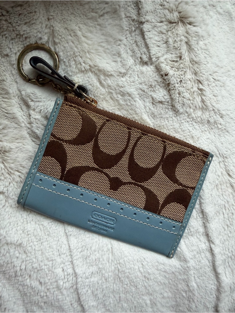 Coach Light Blue and Beige Signature Canvas Key & Cardholder with Chain